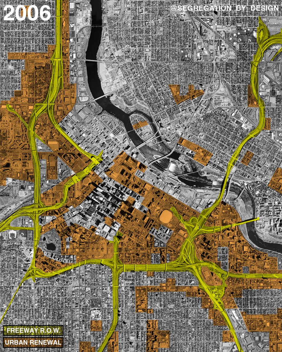 CarsRuinedCity's tweet photo. Freeway construction in Minneapolis displaced up to 24,000 people and destroyed 40% of its historical downtown. The highways were purposefully routed through neighborhoods containing 90% of the city’s Black population.

@SegByDesign 

https://t.co/Gbgmo4Jlcw https://t.co/EgOYMhix4z