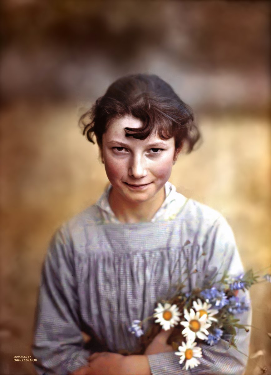 I have enhanced for you this striking autochrome portrait from 1919, Photographed in France, in colour, 104-years ago by Gustave Gain.