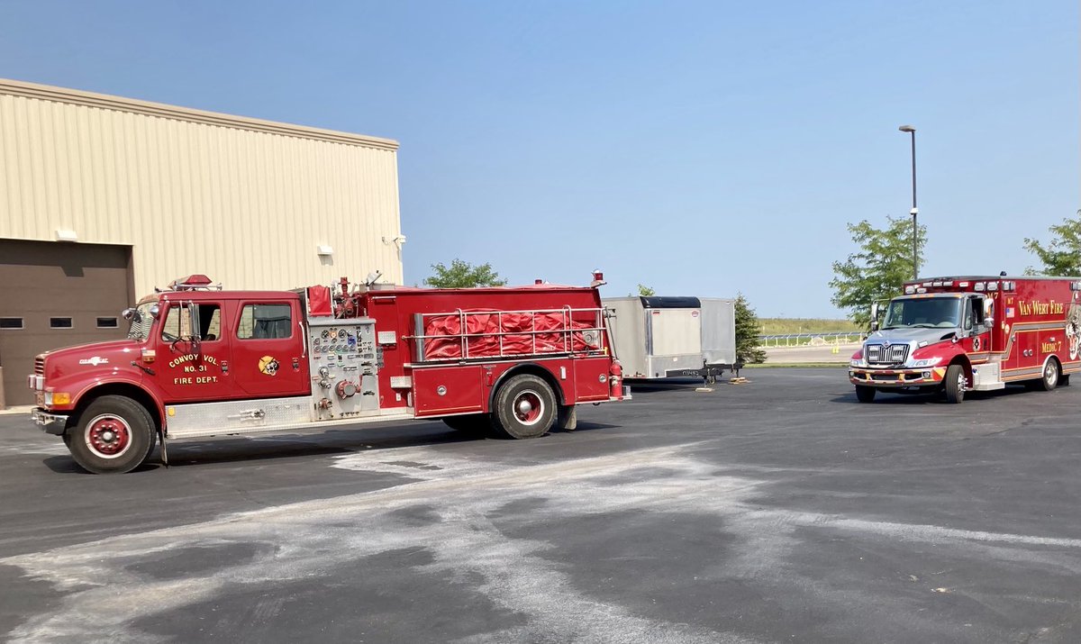 TurnerVantage's tweet photo. The Vantage Career Center campus was busy this morning as the firefighter 1 class performed driving maneuvers on the CDL training course. Many thanks to our local fire departments for their support in providing equipment for our students to train on. #vantage #firefighters #oacts https://t.co/Bw5CjCMoW0