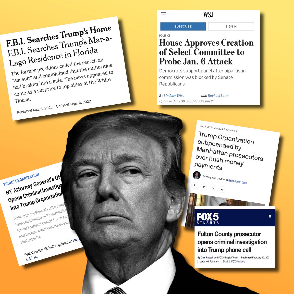 JoJoFromJerz's tweet photo. Dear Ma & Pa MAGA,

While you’re out there stomping your feet & pounding your chest about Trump’s slew of indictments being “Election Interference blah blah” let’s have a look at the facts, shall we:

Cyrus Vance (NY DA at the time) began issuing subpoenas in the hush money payment case in August of 2019.

Fani Willis launched her investigation into Trump in 2021.

The United States House Select Committee on the January 6 Attack opened their investigation in July of 2021.

Letitia James filed her fraud charges into the Trump Org in September of 2022.

The National Archives first asked Donald Trump to return the classified documents he took in May of 2021.
He only returned some, not all. So, in March of 2022, the FBI opened and investigation. That August, they searched Mar-a-Lago.

Donald Trump announced his candidacy on November, 15, 2022.

So, it seems a lot less like he’s being indicted in the middle of his campaign, and a lot more like he is campaigning in the middle of his indictments.

And I know that facts are about as useful to you as a dictionary and a cousin-less dating pool, but that doesn’t make them any less true.