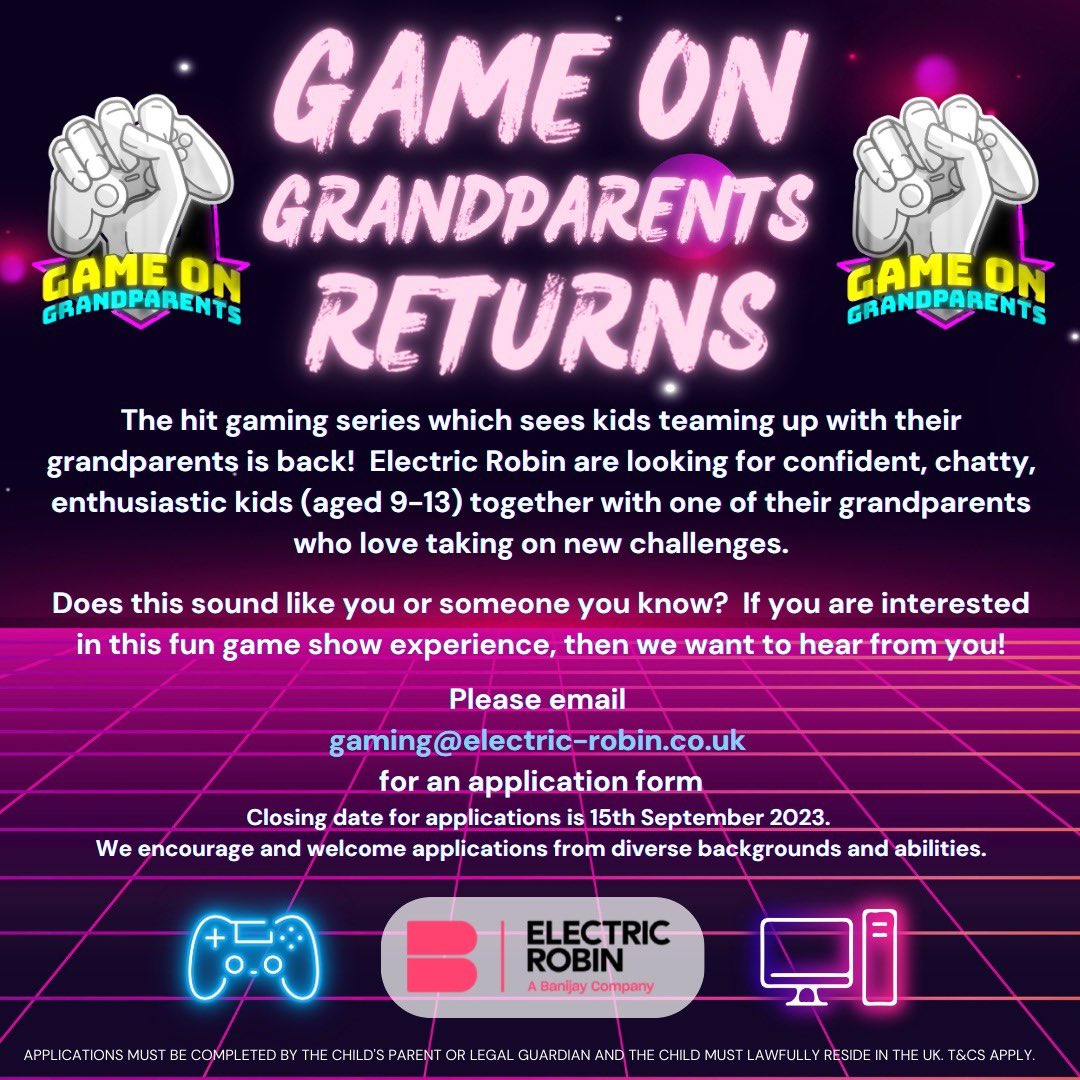 Trilogycasting's tweet photo. NEW CASTING. Do you have gaming mad kids?! Would they like a fun experience with their grandparent? Game On Grandparents is now casting. Details below. 

#kidgamer #ukgamer #kidscastingcall #gamingkids #gamingcommunity #gamingsetup #nintendoswitch #ps5 #minecraft #fortnite https://t.co/LVylifewoA