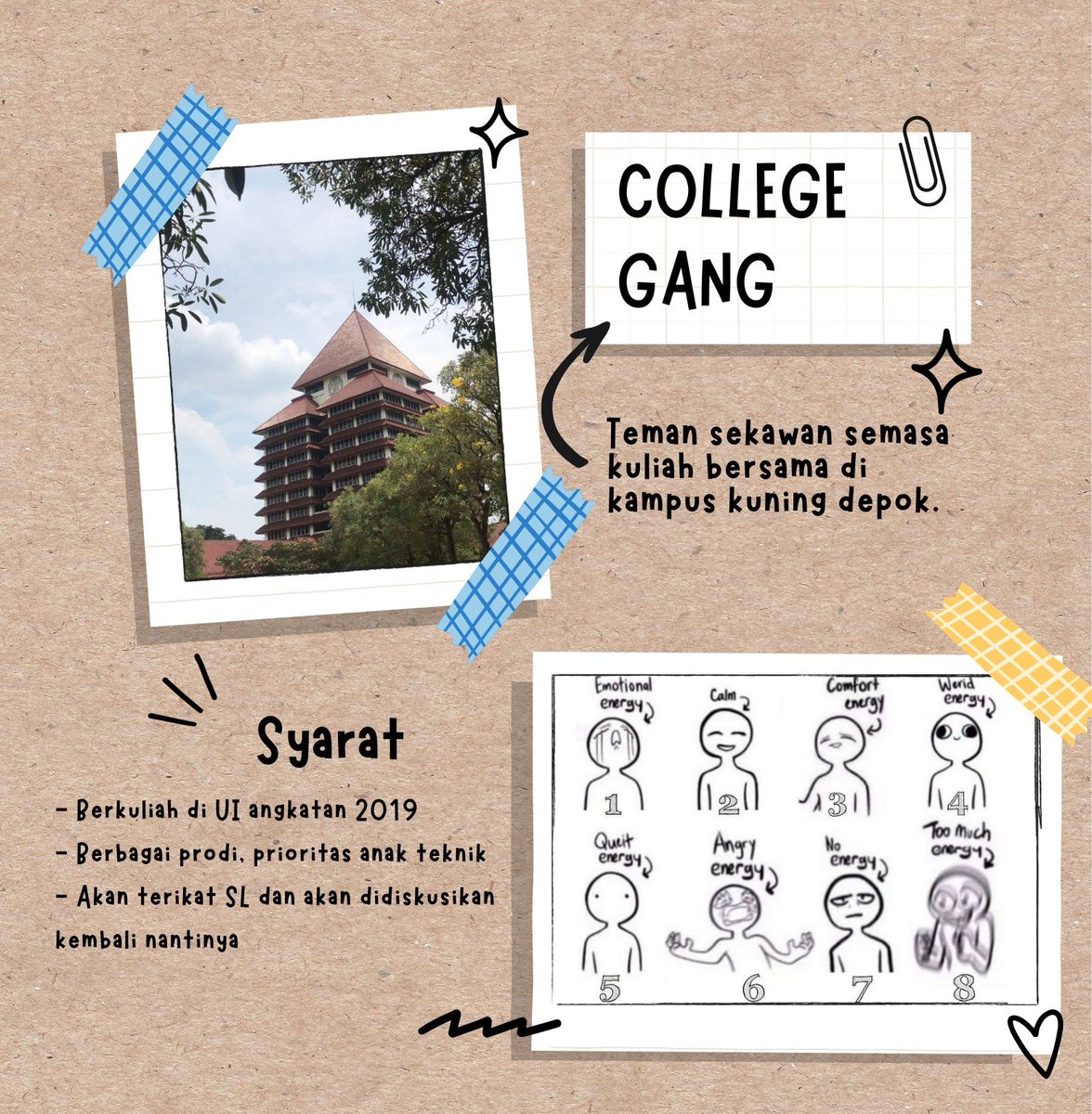 ㅤ
ㅤ
♡. Help RT

Aku berniat mencari kawan kawan untuk membentuk perkumpulan teman semasa kuliah dengan ketentuan seperti di gambar.
Aku akan mengisi bagian too much energy, mencari yang aktif dan bertanggung jawab.

Jika berminat boleh meninggalkan jejak.

ㅤ