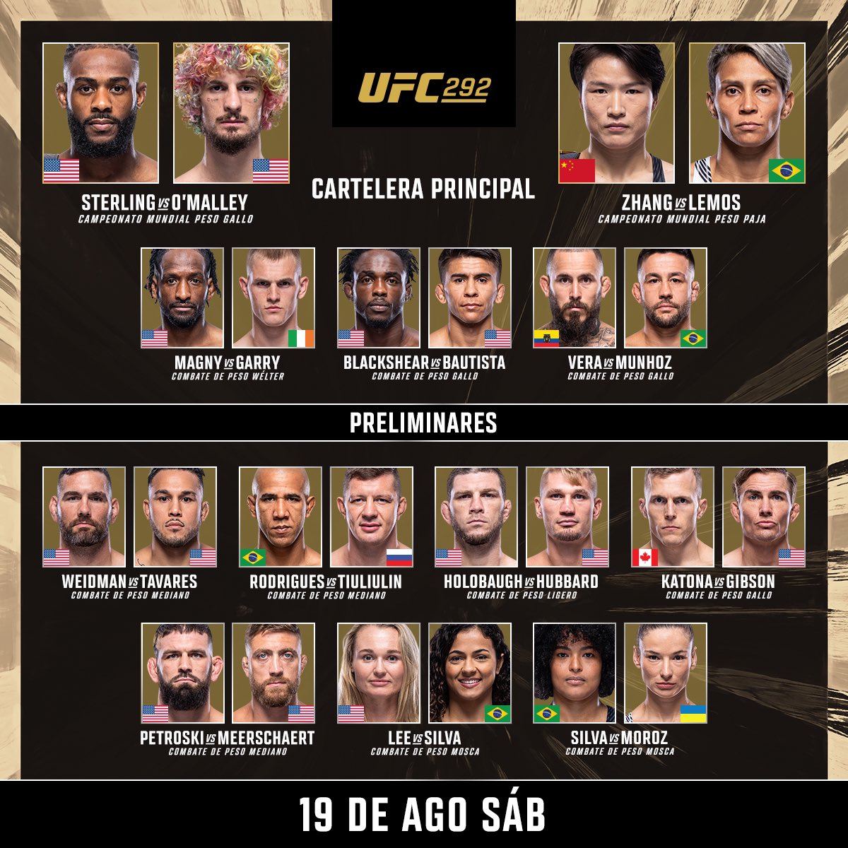 UFCEspanol's tweet photo. Cartelera de HOY #UFC292 

ESTELARES 10pm ET 🇺🇸 / 8pm 🇲🇽 / 11pm 🇦🇷 / 4am 🇪🇸
PRELIMS 8pm ET 🇺🇸 / 6pm 🇲🇽 / 9pm 🇦🇷 / 2am 🇪🇸
PRIMERAS PRELIMS 6:30pm ET 🇺🇸 / 4:30pm 🇲🇽 / 7:30pm 🇦🇷 / 12:30am 🇪🇸 https://t.co/wVWag7DPuu