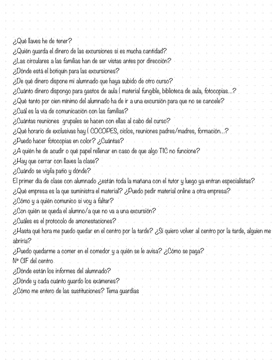 BeatrizCerdan's tweet image. Cuando llegamos a un centro nuevo, nos asaltan las dudas. Puede que exista un Plan de acogida docente, o unas Instrucciones de inicio, o un Dossier de funcionamiento del centro…Y  si  no,  hemos  de  ir  preguntando.  ¿Se  os  ocurren posibles  preguntas?