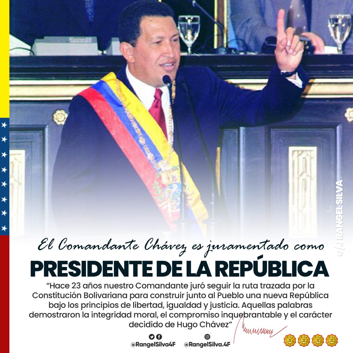 Hoy recordamos el importante hito en la historia, cuando el comandante Hugo Chávez se juramentó, hace 23 años, como Presidente ante la nueva Constitución, que nos ha permitido a lo largo del tiempo lograr las transformaciones políticas en el país.

#VenezuelaEsAfirmativa