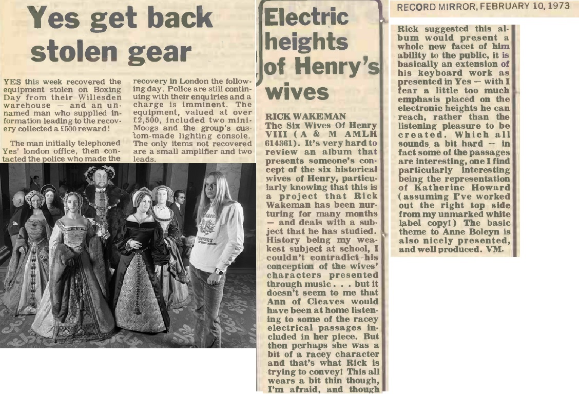 Today's flashback, from Feb 73.
Yes get most of their stolen gear back.
A reviewer didn't get Rick's 6 Wives. None of them did. Meanwhile, actual Yesfans were turning cartwheels of happiness on hearing the album.
Still great today.