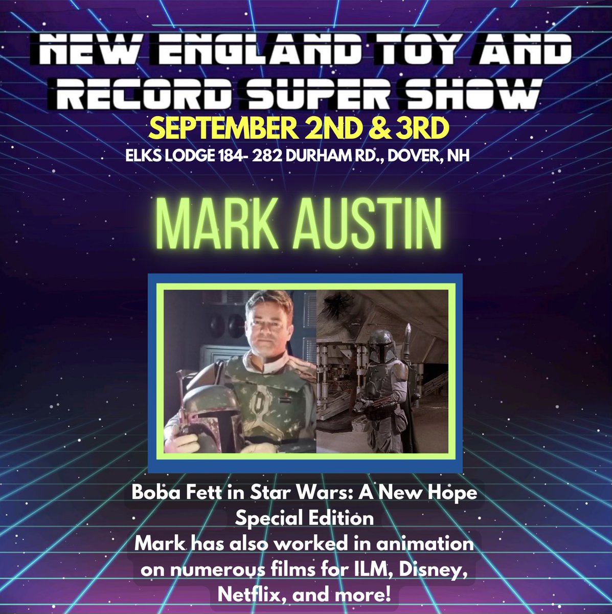 My next convention appearance is coming up fast. New England!!!!! Labor Day weekend. Hope to see some of you east coast folks there if you can make it….!!!! ❤️❤️❤️ Mark Anthony Austin Boba Fett from A New Hope. 🤘🤘🤘