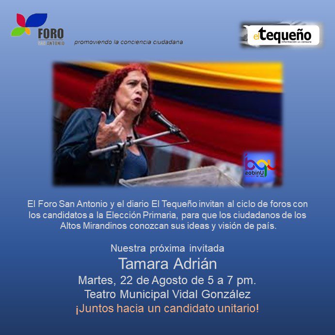 TamaraAdrian's tweet photo. 🇻🇪🗳️ Les tengo emocionantes noticias. El próximo Martes, 22 de Agosto, de 5 a 7 pm, los espero en el Teatro Municipal Vidal González, donde tendré el honor de compartir mis ideas y visión de país en el ciclo de foros organizado por el Foro San Antonio y el diario El Tequeño. https://t.co/kxH6kM1Wpf