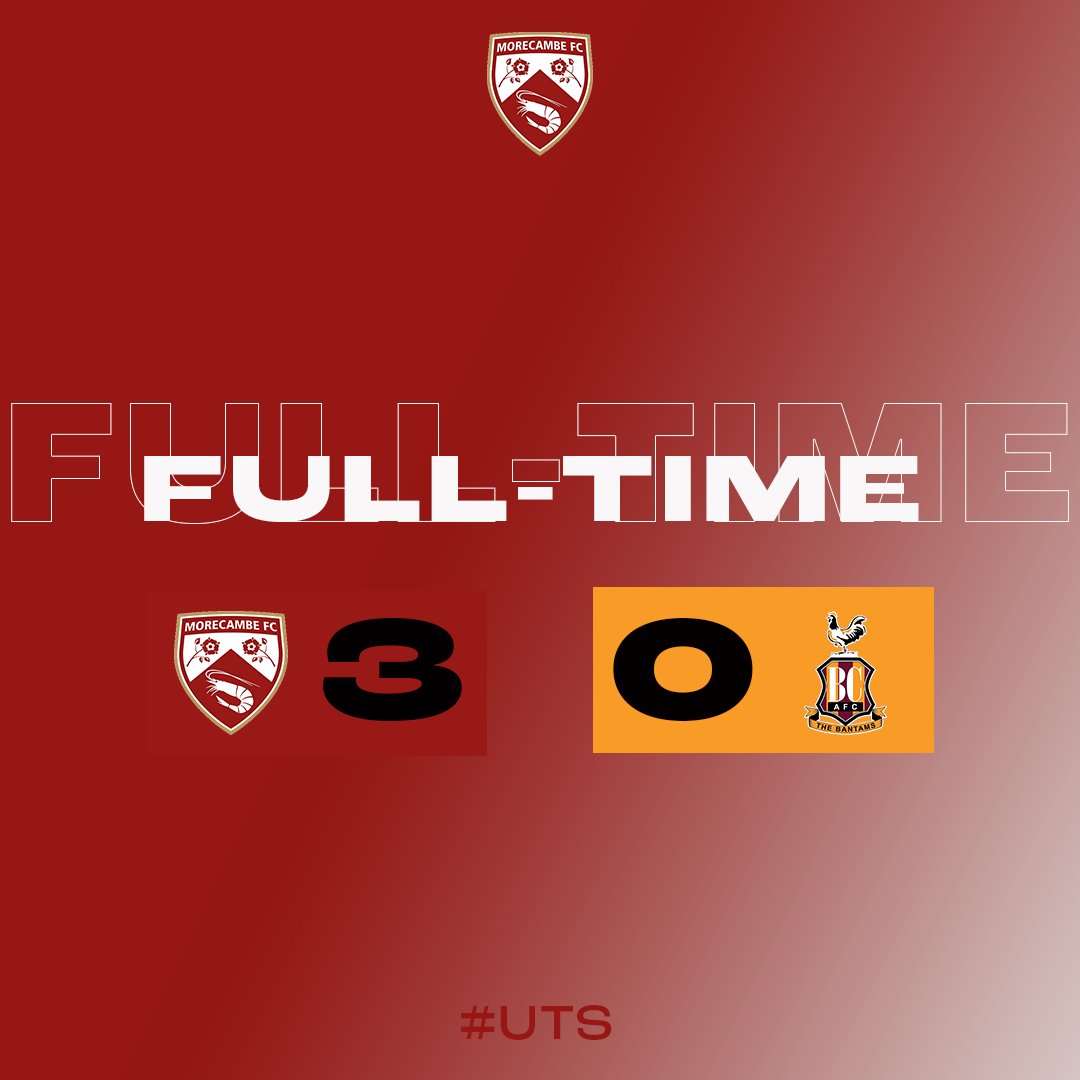 MorecambeFC's tweet photo. FULL-TIME: Get in there! 💪

#UTS 🦐 | #MORvBRA https://t.co/sxclEtH9ag