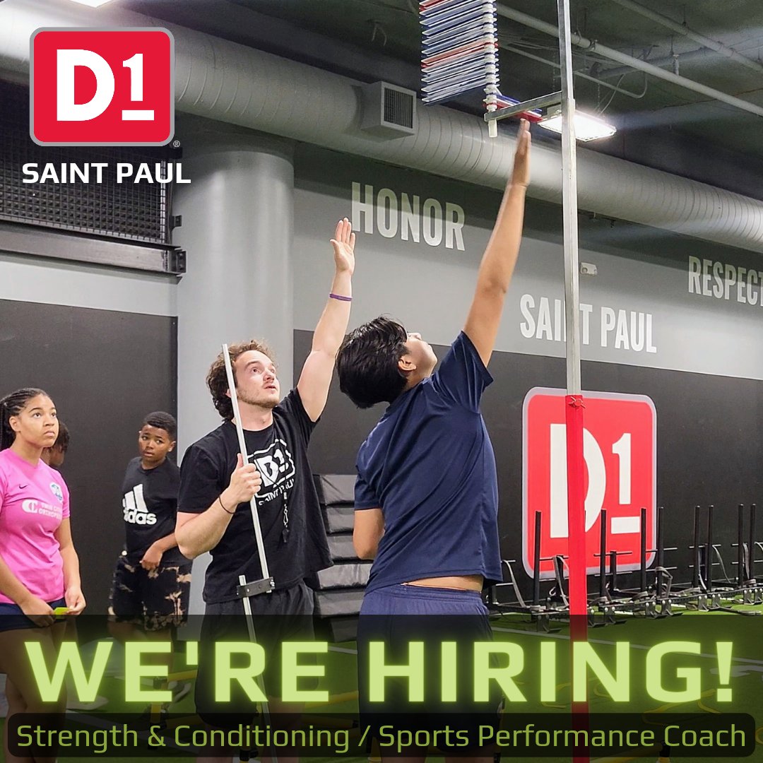 d1saintpaul's tweet photo. D1 Training Saint Paul is hiring! We are looking for experienced, high energy part-time strength &amp; conditioning / sports performance coaches to work with both youth and adults in group and 1 on 1 settings. If you are interested or know someone who is, please DM us! https://t.co/hUVZ2mXEV2