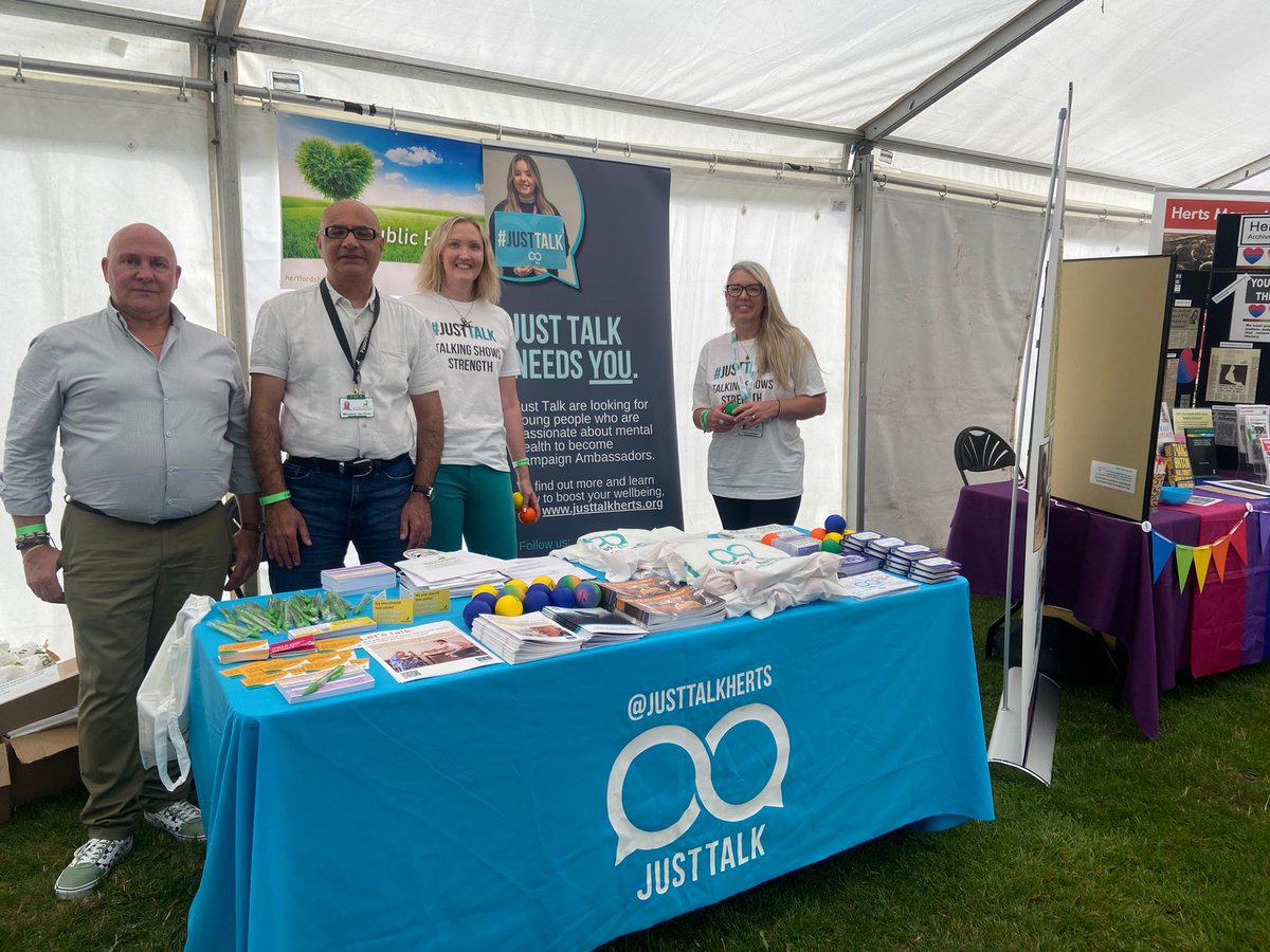 We're representing <a href="/JustTalkHerts/">JustTalkHerts</a> our multi agency mental health network for young people, and <a href="/hertscc/">Hertfordshire County Council</a> Public Health at #hertspride today. 
Come and see us in the health and wellbeing tent for a chat or to grab yourself some freebies! 
#herts #mentalhealth #SuicidePrevention