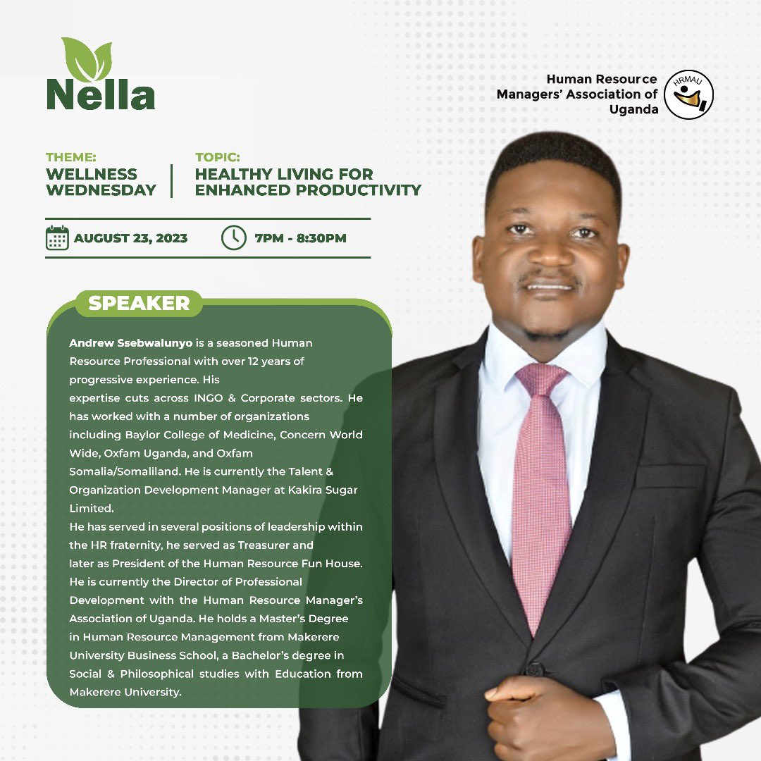 Discover the keys to healthy living for productivity with Andrew Ssebwalunyo on Wellness Wednesday. As a seasoned HR expert, he'll share valuable insights you won't want to miss! #wellnesswedneaday #nellawellness