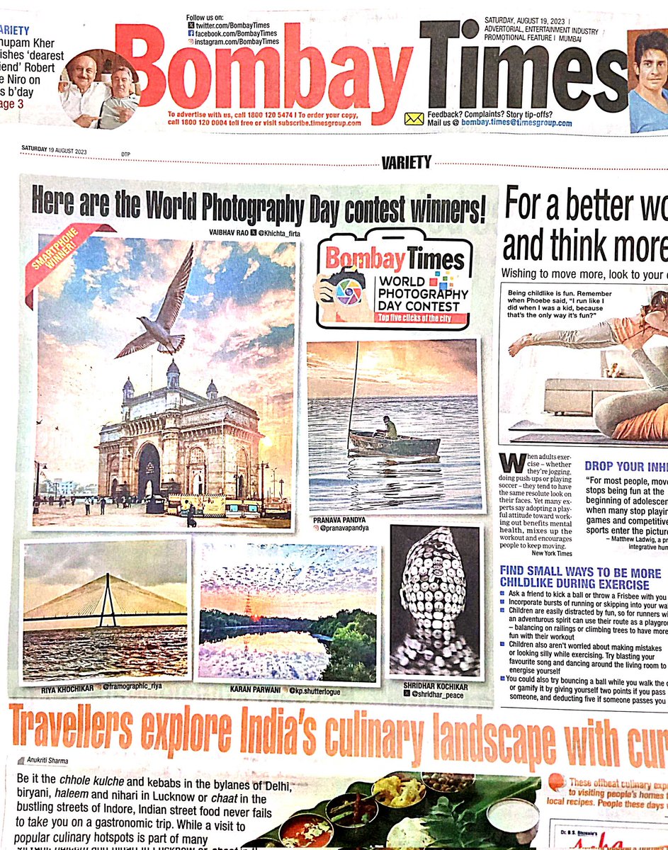 Khichta_firta's tweet photo. Delighted to share that my photo was featured in today's Bombay Times Newspaper on World Photography Day, and I'm thrilled to have won a smartphone! Thank you all for your support! ๐ธ๐ #WorldPhotographyDay #Grateful #bombaytimes #timescoloursnap #khichta_firta https://t.co/hyA8Vbx5TM