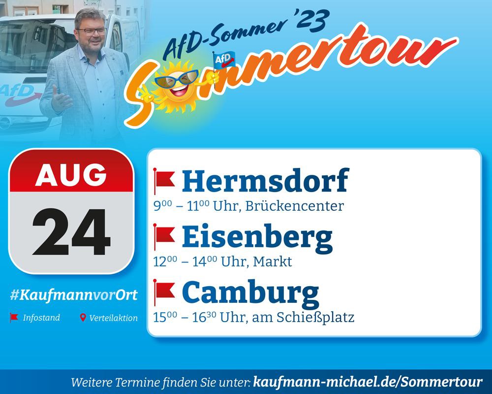 Sommertour 2023:
Am Donnerstag, dem 24. August, geht's nach Hermsdorf, Eisenberg und Camburg im Saale-Holzland-Kreis.
Wie sehen uns!
#Sommertour2023 #Kaufmannunterwegs #Kaufmannaktuell 
Mehr Infos unter: 
buff.ly/3qALuFb