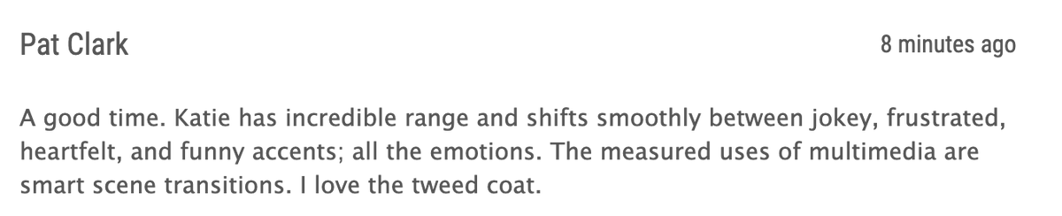 "A good time." Plus a compliment on our tweed! To know that audiences are moved enough to take the ten steps of reviewing feels pretty damn good. 

also..Modern Witches is not officially sponsored by <a href="/WalkerSlaterUK/">Walker Slater</a> but we can talk about it :) #fillyerboots #EdFringe2023
