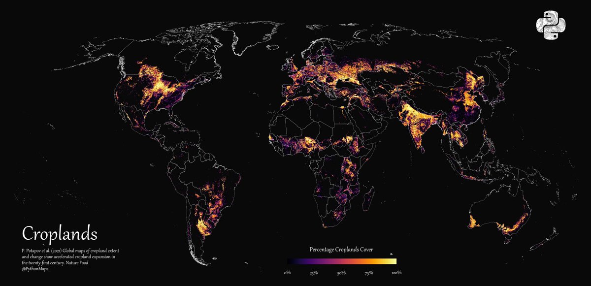 Croplands. This map shows the world's croplands. Turns out, a lot of food is produced in a small number of countries.  #Python #Food #Map #DataScience