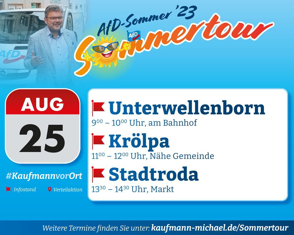 Sommertour 2023:
Am Freitag, dem 25. August, treffen Sie mich in Unterwellenborn, Krölpa und Stadtroda.
Wie sehen uns!
#Sommertour2023 #Kaufmannunterwegs #Kaufmannaktuell 
Mehr Infos unter: 
buff.ly/3qALuFb