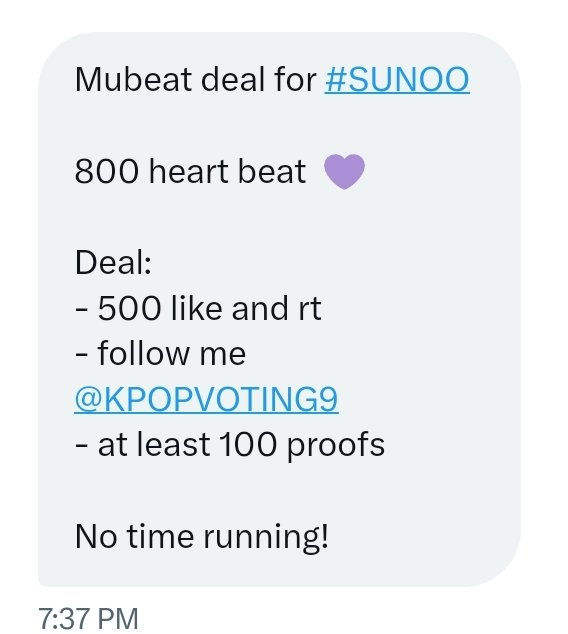sunoofullife's tweet photo. Mubeat deal for #SUNOO  

800 heart beat  💜

Deal:
- 500 like and rt
- follow @KPOPVOTING9
- at least 100 proofs

No time running!

#ENFuelUp #ENVOOSTERS #金善禹 #ソヌ #김선우 #엔하이픈_선우 #ENHYPEN_SUNOO #ENHYPEN https://t.co/lyvNvB3N6a