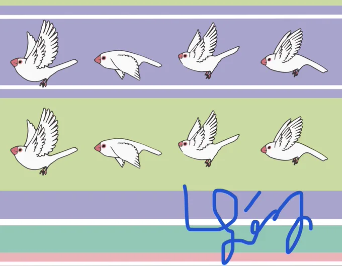 羽ばたき白文鳥さん
✿.•¨•.¸¸.•¨•.¸¸❀✿❀.•¨•.¸¸.•¨•.✿

こういうデザインのストラップを作っていたことがありました。

鳥の羽ばたく時の翼の動き、意外といい感じに描けてたかも🥰

こういう簡略化した絵も好き♡♡
一時期、文鳥さんばかり書いていた時期があるんです。… https://t.co/CajCVjFssz 