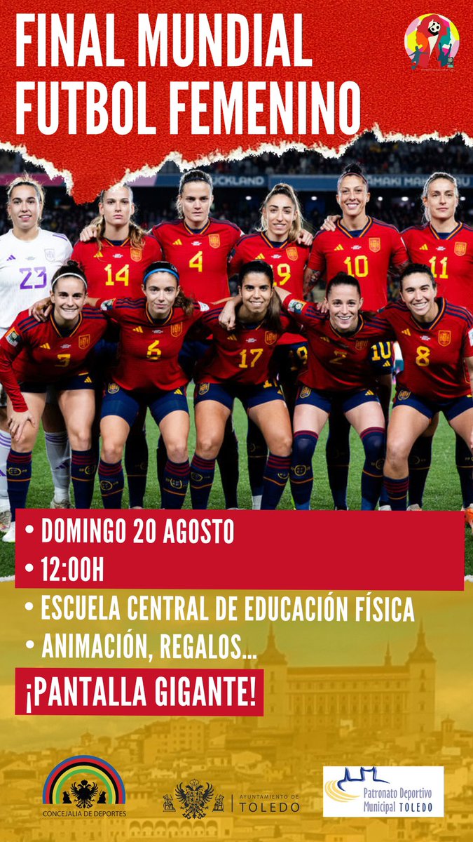 cvelazquezromo's tweet photo. 🇪🇸⚽️ Mañana empujamos a nuestra Selección Nacional de Fútbol Femenino a conseguir un hito histórico, ¡ser campeonas del mundo!.

📍Para ello, ven mañana a la Escuela Central de Educación Física y disfruta en pantalla gigante del partido. Podrás tener un kit de regalo con banderas, camisetas, pinturas corporales y más sorpresas.