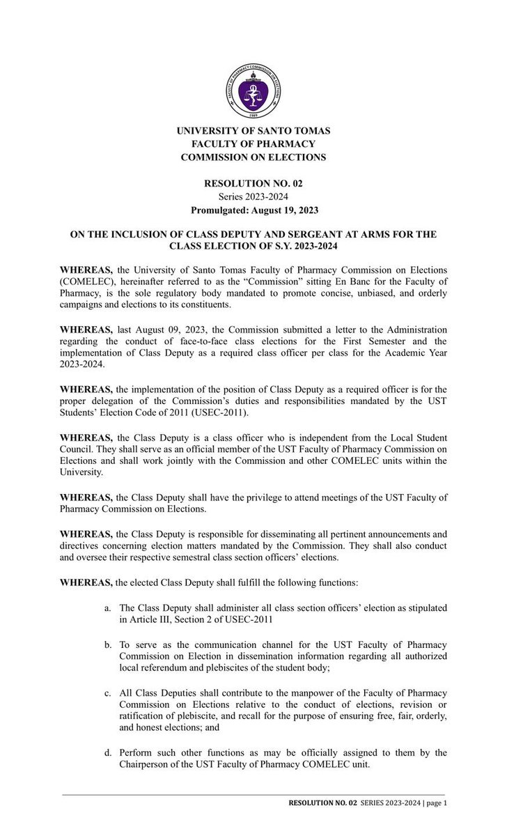 PHARCOMELEC's tweet image. RESOLUTION NO. 02
Series of 2023 - 2024

RE: ON THE INCLUSION OF CLASS DEPUTY AND SERGEANT AT ARMS FOR THE CLASS ELECTION OF S.Y. 2023-2024