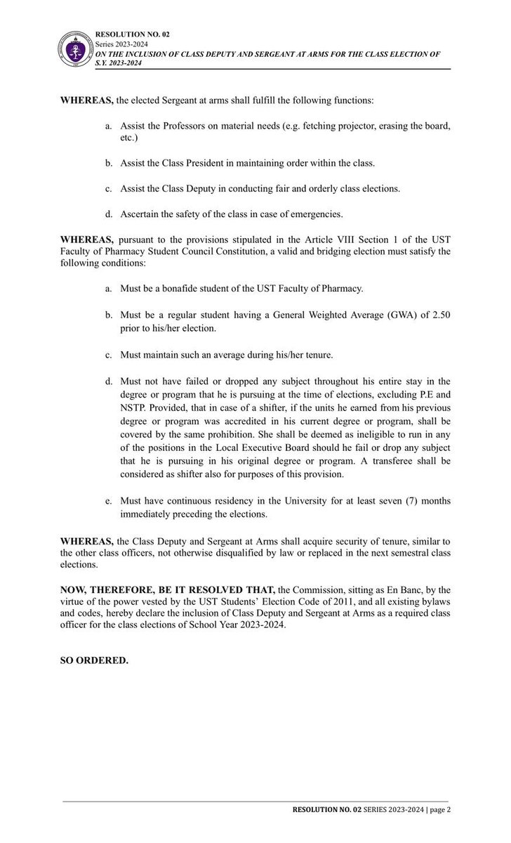 PHARCOMELEC's tweet image. RESOLUTION NO. 02
Series of 2023 - 2024

RE: ON THE INCLUSION OF CLASS DEPUTY AND SERGEANT AT ARMS FOR THE CLASS ELECTION OF S.Y. 2023-2024