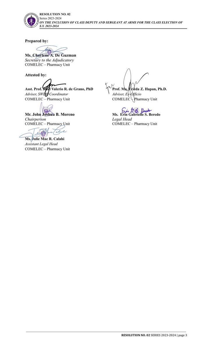 PHARCOMELEC's tweet image. RESOLUTION NO. 02
Series of 2023 - 2024

RE: ON THE INCLUSION OF CLASS DEPUTY AND SERGEANT AT ARMS FOR THE CLASS ELECTION OF S.Y. 2023-2024