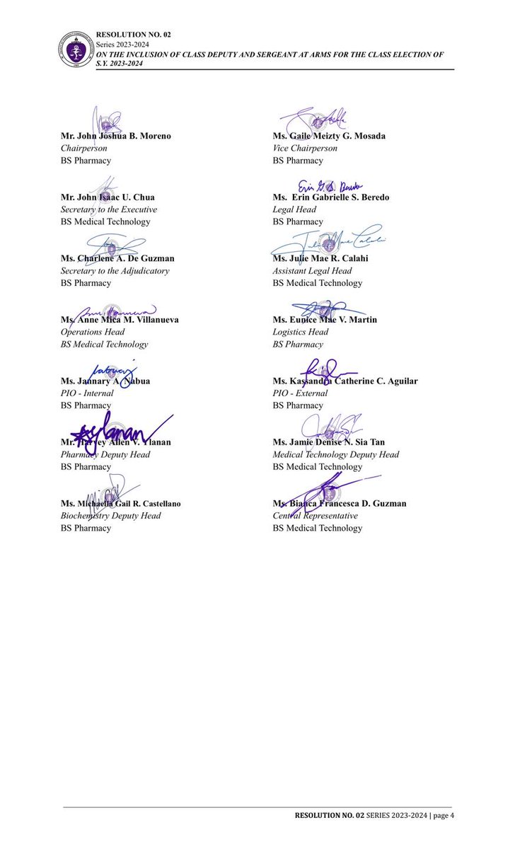 PHARCOMELEC's tweet image. RESOLUTION NO. 02
Series of 2023 - 2024

RE: ON THE INCLUSION OF CLASS DEPUTY AND SERGEANT AT ARMS FOR THE CLASS ELECTION OF S.Y. 2023-2024