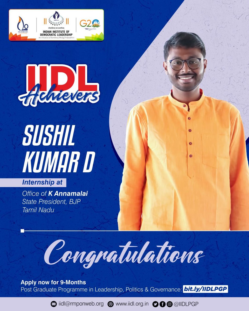 iidlpgp's tweet photo. #IIDL-Indian Institute of Democratic Leadership’s Batch 6 student - Sushil Kumar D is an Intern at the Office of Shri @annamalai_k, State Prez. @BJP4TamilNadu
You can be one of the #IIDLAchievers too.
Apply now to #JoinIIDL's PGP 2023-24 Batch➡️ https://t.co/MN4lJeNlG0
#IIDLPGP https://t.co/61OEt9AG6M