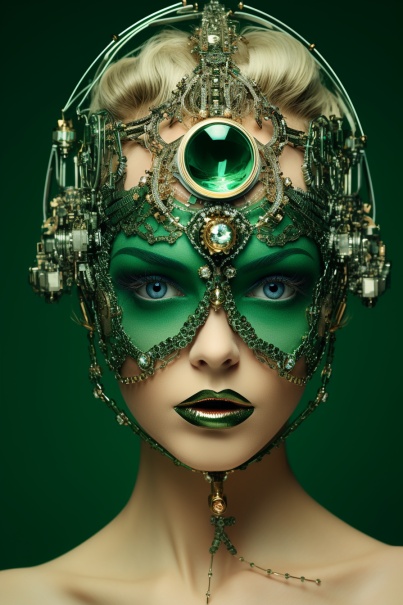 Basking in retro glam, a steampunk-inspired female subject boasting polished porcelain skin & dazzling emerald eyes, evokes a surreal Dali vibe. Classic meets innovative. #midjourney #AIArtworks #VintageGlamour #Steampunk. 
👉 #Prompt in Alt.