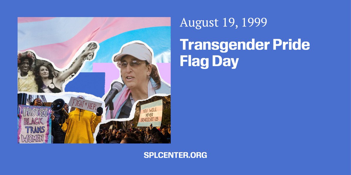 splcenter's tweet photo. #OTD: Monica Helms, a trans activist and Navy veteran, designed the Trans Flag on Aug. 19, 1999, and was first flown in the Phoenix pride parade the following year. #TransPride #TransPrideFlag https://t.co/nZN83d2bgP