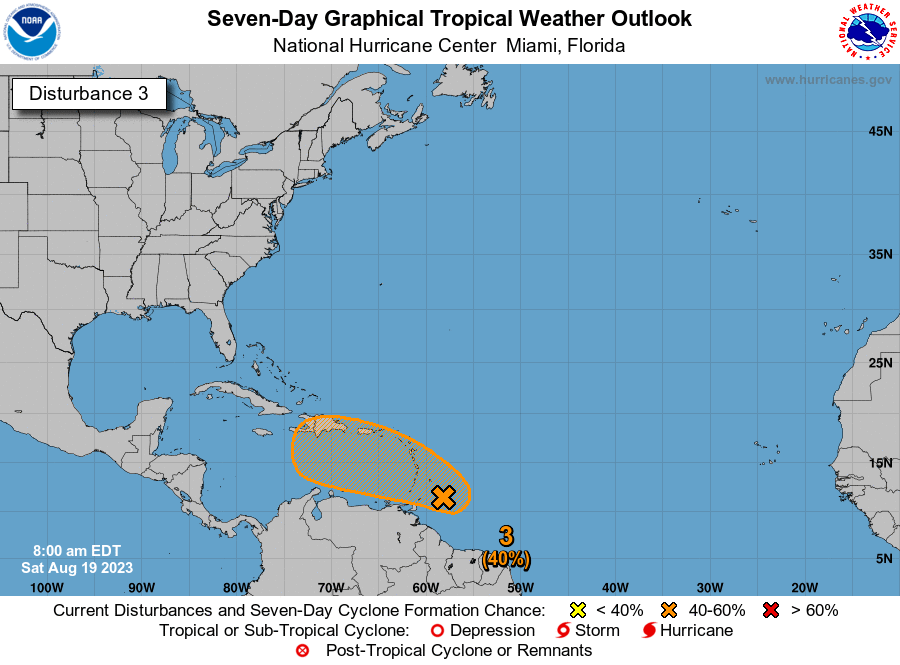 TWAPuertoRico's tweet photo. BOLETÍN 8AM:

Aumenta a 40% en 7 días el potencial ciclónico de la #Invest90L. Las condiciones son favorables para un desarrollo gradual de este sistema y se podría formar una depresión tropical para principios o mediados de la próxima semana mientras se mueve al oeste y oeste-noroeste entre 10 a 15 mph. 🌀

Los modelos no tienen un consenso en su trayectoria por lo que no debemos bajar la guardia. Independientemente de que se forme o no este sistema, se espera un evento importante de lluvias para las Antillas menores, Islas Vírgenes y Puerto Rico desde el domingo en la noche hasta el miércoles.

Un avión cazahuracanes estará investigando este sistema para mañana domingo en la tarde. Les seguiré informando sobre la evolución de este sistema.

¡Pendientes! 👀