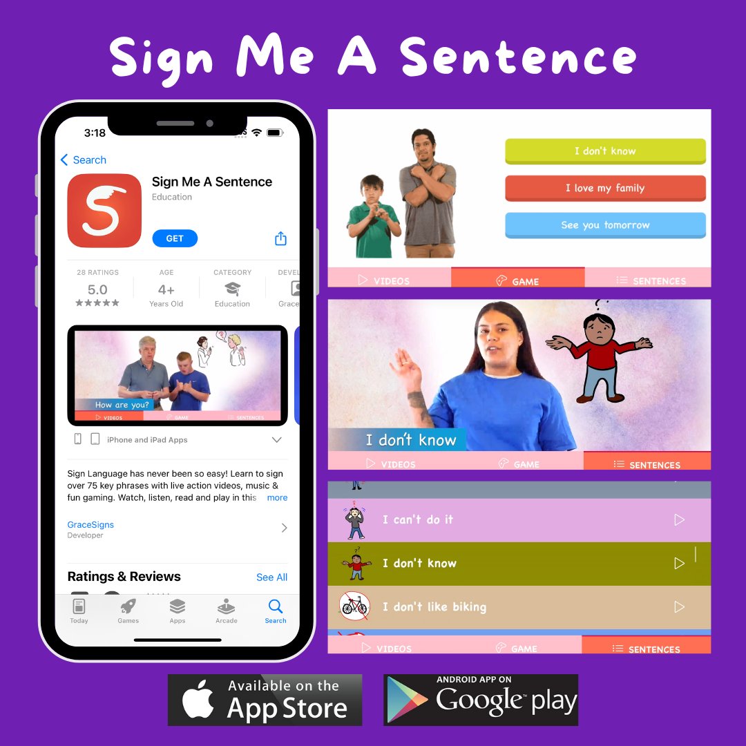 GraceSignsApps's tweet photo. If you learned the alphabet and animals with Sign Me ABC’s, now look at Sign Me a Sentence to learn up to 75 useful sentences!
#gracesigns #freeapp #learnasl #ASL #nonprofit #virtual #learning #virtuallearning #virtualteacher #onlinelearning https://t.co/2HOt9lesXp