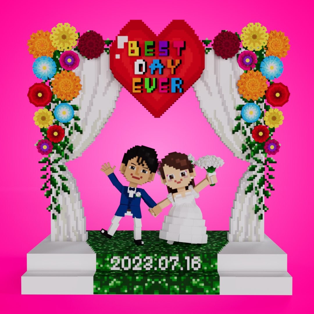 nyasha0512's tweet photo. 大切な友達が結婚したので作りました👰‍♀️🤵‍♂️
おめでとう、ゆきにゃん😚✨

My bestie got married last month 👰‍♀️🤵‍♂️
Congraaaaats😚🎉

#wedding 
#結婚式
#トリコダンス
#VoxEdit 
#voxelart
#TheSandbox
#NFT https://t.co/tn869KFW9i