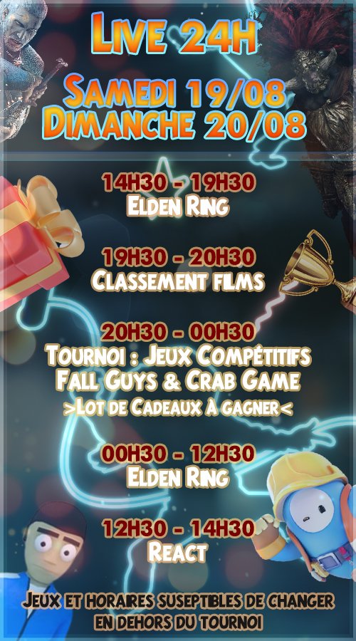 Aujourd'hui dès 14h30 je vous propose un live exceptionnel pendant 24 heures ! 

Un programme de folie avec du Elden Ring 🔥 du AltF4 🐔 des sauces piquantes 🌶
Un tournoi communautaire avec un lot de cadeaux geek à gagner (!lot) 🏆🎁 

▶ twitch.tv/cpt_haddock_

#twitch #stream