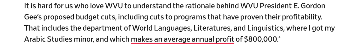 The discourse re: WVU:

NYT: "humanities are dying! how much money should universities put into these dying relics?"

Slate: "um... world languages instruction is literally profitable?"