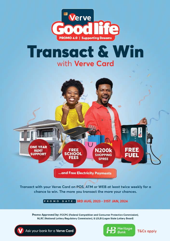 heritagebankplc's tweet photo. Enjoy the good life!

Transact with your Verve Card on ATM, POS or WEB twice weekly to qualify for a win.

The more you transact, the more your chances.

#HeritageBank
#YourTimelesswealthpartner
#VerveCardPromo https://t.co/lUAmgJBBex