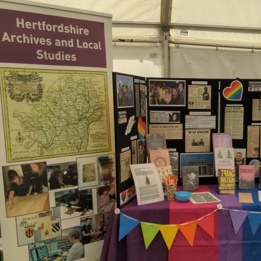 HertsArchives's tweet photo. We're at #HertsPride today - pop along and say Hello! HALS want to make the history of Hertfordshire more inclusive and diverse - would you be willing to share your voice and experiences with us? If you think you can help, please do send us a message #YourHistoryIsTheirFuture https://t.co/m49YIWmZpg