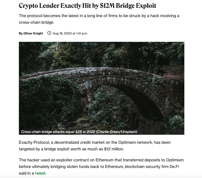 0xJero's tweet photo. Sad to see another $12m bridge hack happened
Over $2.6B has been exploited in bridge exploits so far, including Multichain last month
#Chainlink CCIP has rigorous security standards. With @UseSingularity we are building an interface for bridging via #CCIP & hope to change this https://t.co/ArxqBv0xHf