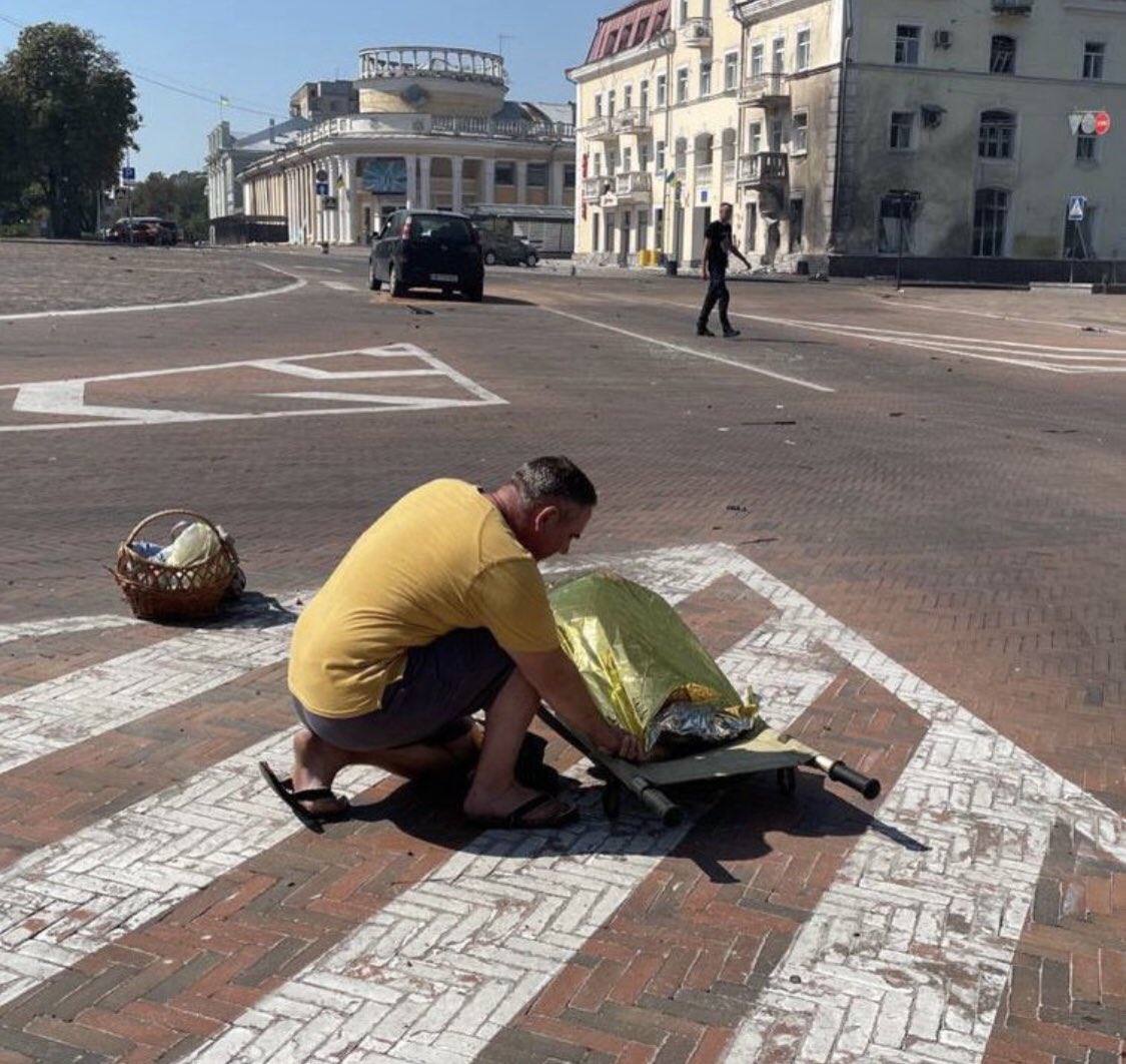 Today is a religious holiday in Ukraine. This couple we’re heading home from their church in Chernihiv with their blessed basket when the Russian missile struck. Moments later, the man is holding his dead wife’s hand. Every Russian war criminal must be prosecuted!