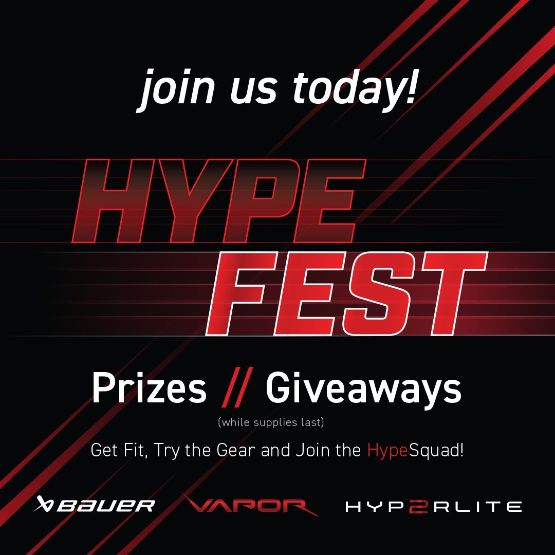 ALSSFS's tweet image. The Hype is back!  Join us today from 10-5 for Bauer #Hypefest!  Free Bauer prizes to first 200 guests! Get #Gamefit with our Bauer scanners for skates, helmets and sticks. All in stock team apparel 20% off!  100’s of demo skates, sticks and gloves at huge savings. @bauerhockey
