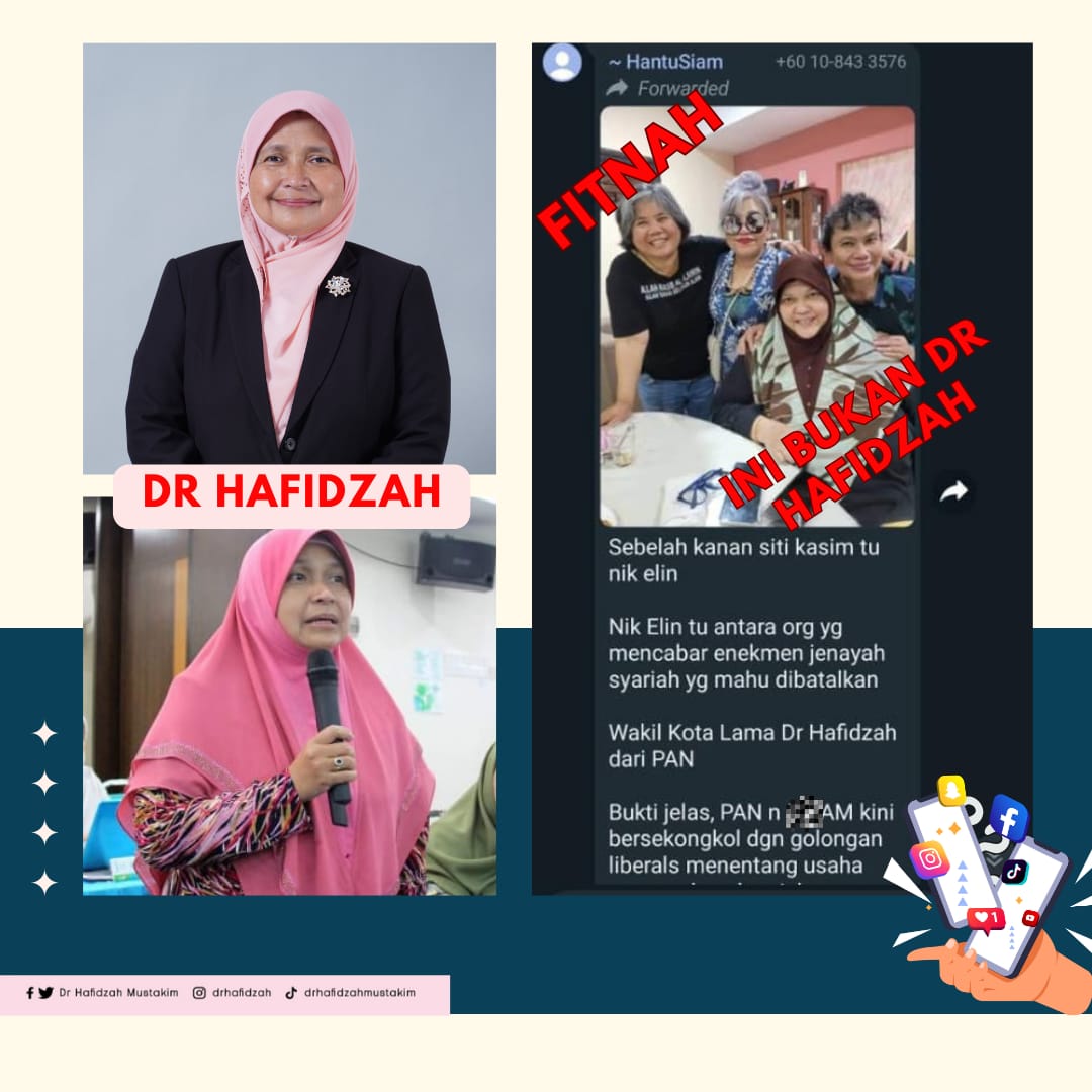 drhafidzah64's tweet photo. MESEJ FITNAH MENGAITKAN DR HAFIDZAH DAN NIK ELIN

19.8.2023 (Sabtu) - Telah tular hari ini satu mesej fitnah di aplikasi WhatsApp yang mengaitkan Dr Hafidzah dengan seseorang yang bernama Nik Elin. 

Admin ingin menegaskan bhw, gambar yang tular bersama kumpulan yang mencabar-- https://t.co/wAbTVmeNkr