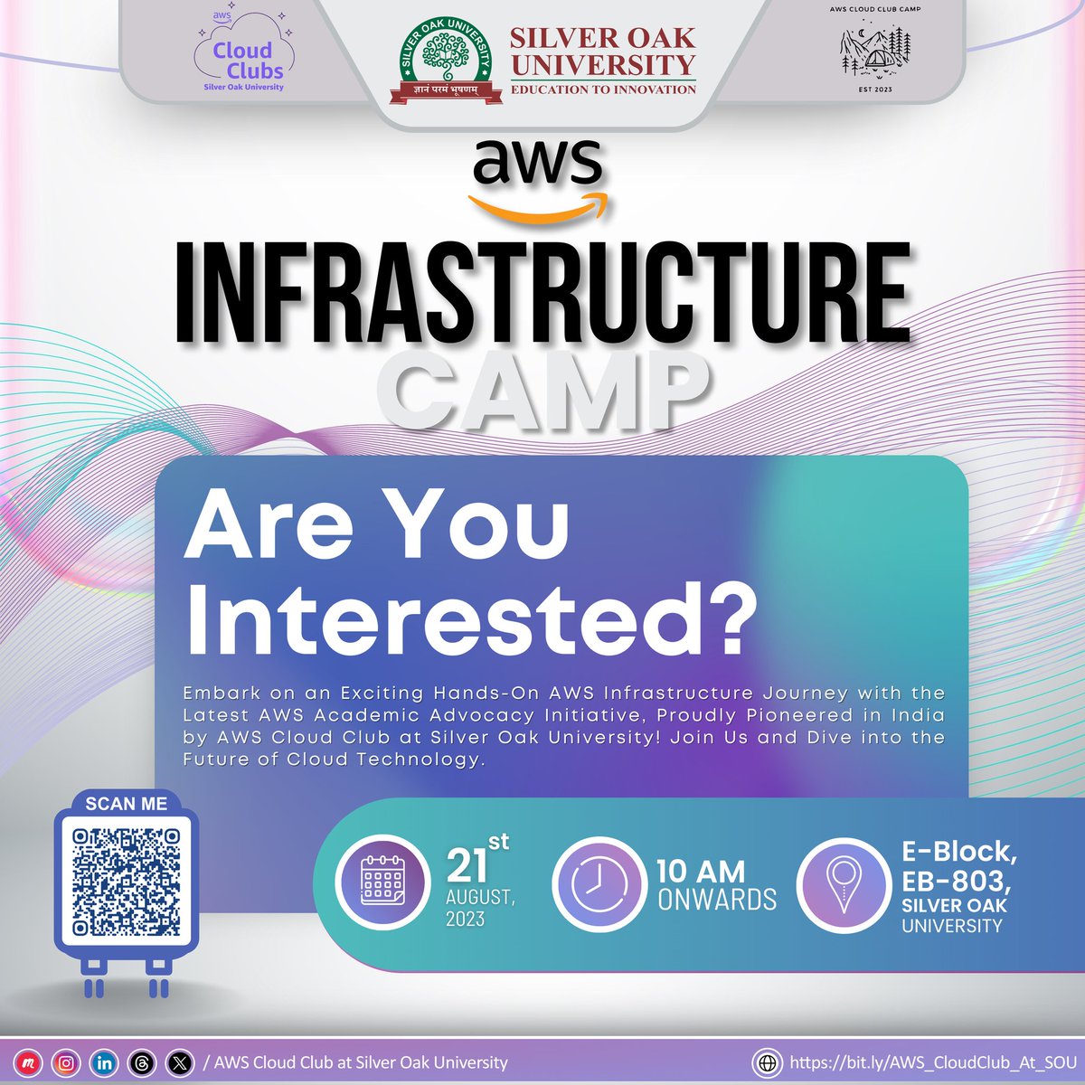 Exciting news, Cloud Enthusiasts! 🌐 Join us for the 'Infrastructure Camp' on Aug 21, 10:00 AM at EB-803, Silver Oak University. Dive into AWS Cloud tech and connect with fellow enthusiasts. Register at:forms.gle/dAvr8GYrh926S8… #AWSCloudCamp #SilverOakUniversity