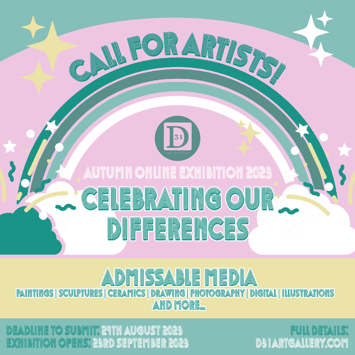 CALL FOR ARTISTS!
D31 Art Gallery is calling for artists of all mediums to apply to exhibit in our annual Autumn online Exhibition! 
For more information and to apply, click on the link below: d31artgallery.com/apply-to-exhib…
#callforartists #artistopportunity #artopportunities