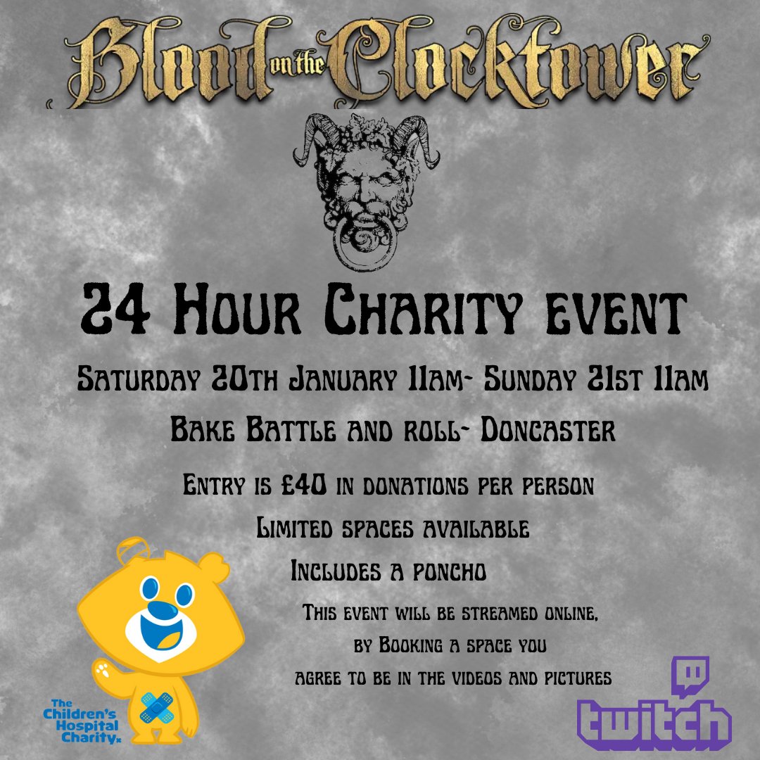 24 hours playing Blood on the Clocktower to raise money for <a href="/SheffChildrens/">Sheffield Children's</a> in January. 
Limited spaces available but we will stream it all on Twitch so everyone can watch 
#Charity #Clocktower #Streaming