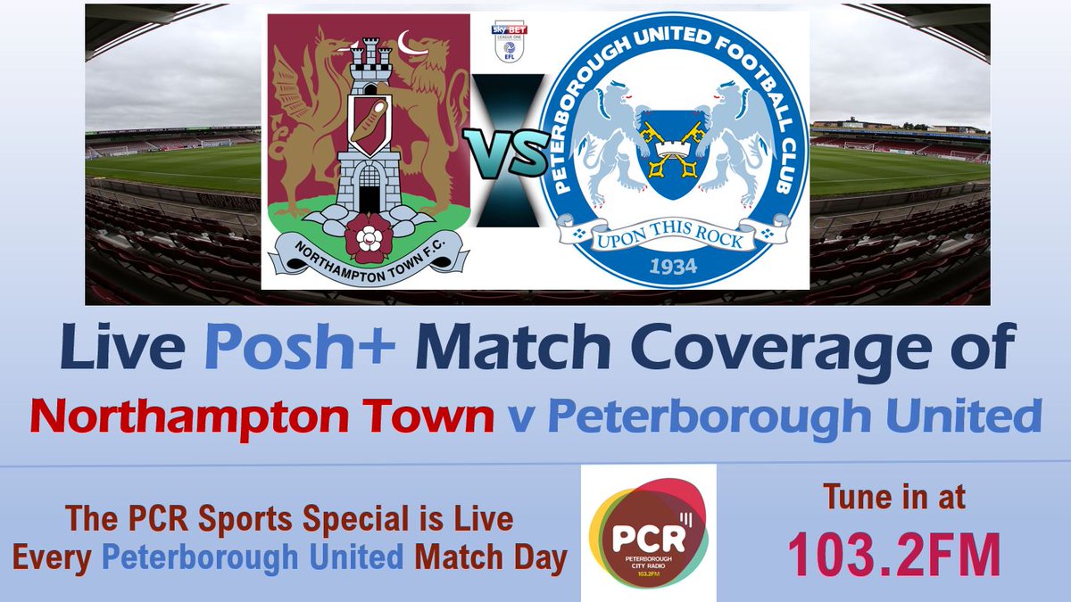 SportsPcr's tweet photo. Join us for the build up &amp; Posh+ live coverage of the BIG derby match as @theposh visit @ntfc in the @EFL League 1 today.

⏰:Live 2pm
📻:103.2FM

 #pcrfm #pcrsports #peterborough #uptheposh #theposh #utp #norpet #pufc #Saturday #sports #pcrsportspecial #football https://t.co/st7yGtN4z0