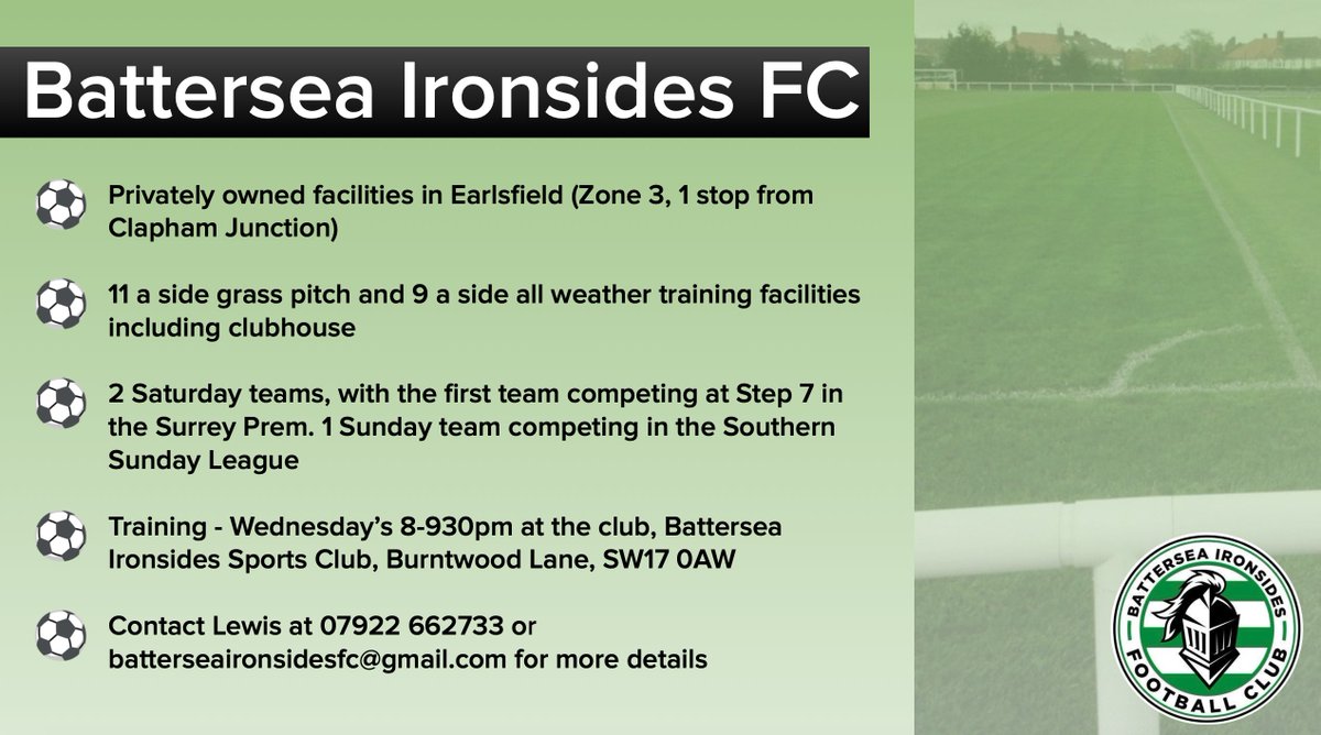 Battersea Ironsides FC (@bifcxi) on Twitter photo A week away from the start of the @SurreyPremierCF & our reserves are away at <a href="/TootingBecFC/">Tooting Bec FC</a> A team this afternoon in a pre season friendly.
If you're looking for a new team get in touch via batterseaironsidesfc@gmail.com.
<a href="/findaplayer/">Find A Player</a> @PTeamfinder <a href="/FreeAgentsFC/">Free Agent Showcase</a> <a href="/findmeaplayer/">Find Me A Player</a> A week away from the start of the @SurreyPremierCF & our reserves are away at <a href="/TootingBecFC/">Tooting Bec FC</a> A team this afternoon in a pre season friendly.
If you're looking for a new team get in touch via batterseaironsidesfc@gmail.com.
<a href="/findaplayer/">Find A Player</a> @PTeamfinder <a href="/FreeAgentsFC/">Free Agent Showcase</a> <a href="/findmeaplayer/">Find Me A Player</a>