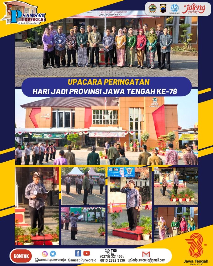 samsatpurworejo's tweet photo. Upacara Peringatan Hari Jadi Provinsi Jawa Tengah ke - 78 pada hari Sabtu, 19 Agustus 2023.
"78 Tahun Provinsi Jawa Tengah Terus Jadi Yang Terdepan"
#HUTJateng
#JatengGayeng https://t.co/BgfjSKYwv6