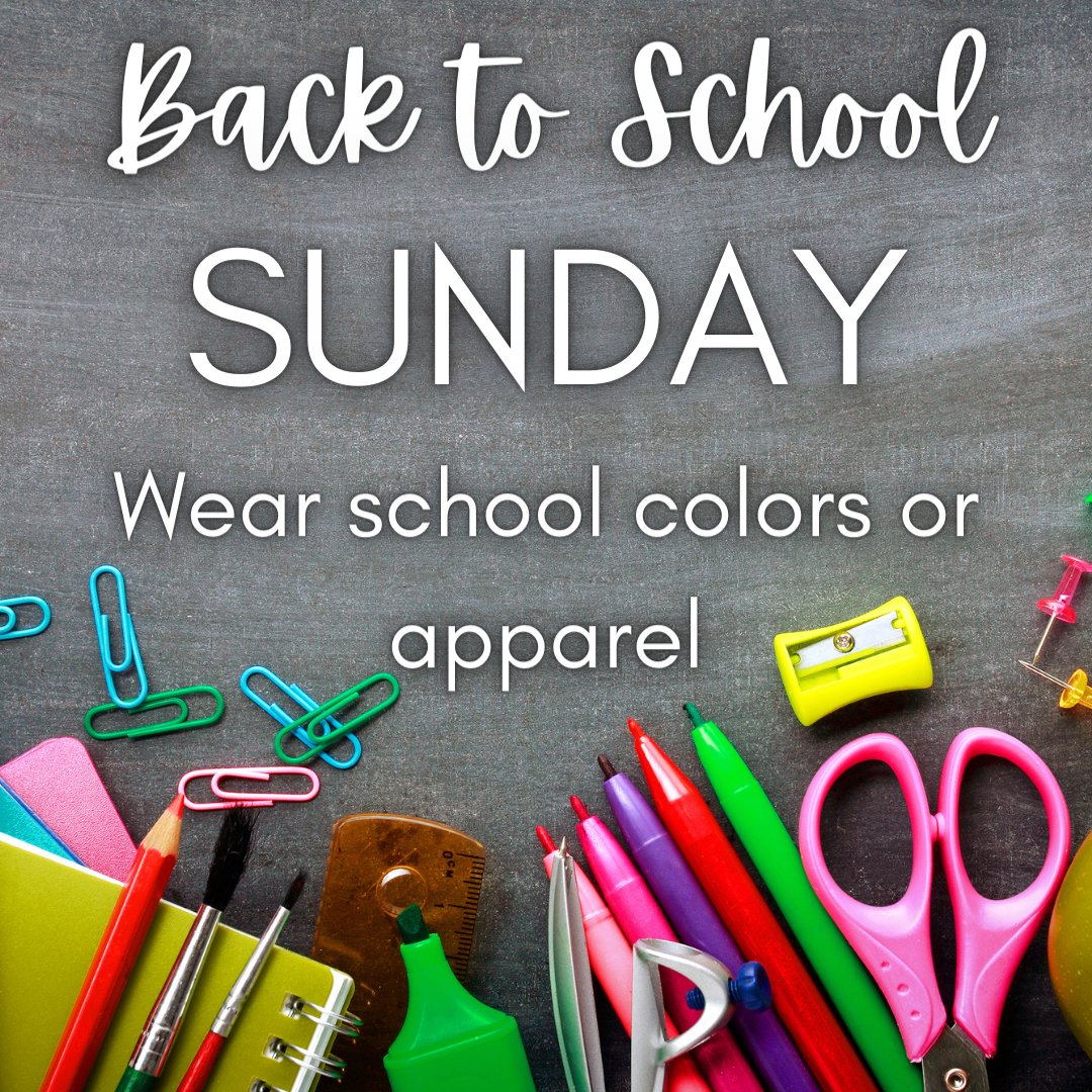 Everyone (adults too!) is encouraged to wear apparel from a school you attend(ed) to church as we celebrate Back to School Sunday tomorrow - Aug. 20.  Looking forward to seeing all your school colors or logo apparel!