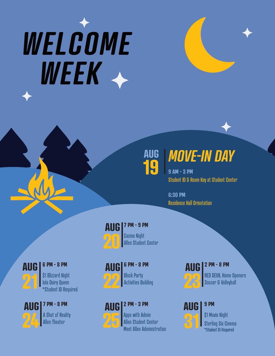 ACC_StudentLife's tweet photo. Rise and shine, Red Devils!! It’s Move-In Day, and we can’t wait to have you join us on campus today. Doors open at 9 am, and lunch is open to students and family members at 12! Don’t forget, Residence Hall Orientation tonight in the Gym. Show up at 6:15 pm. https://t.co/dd8iDs6PcU